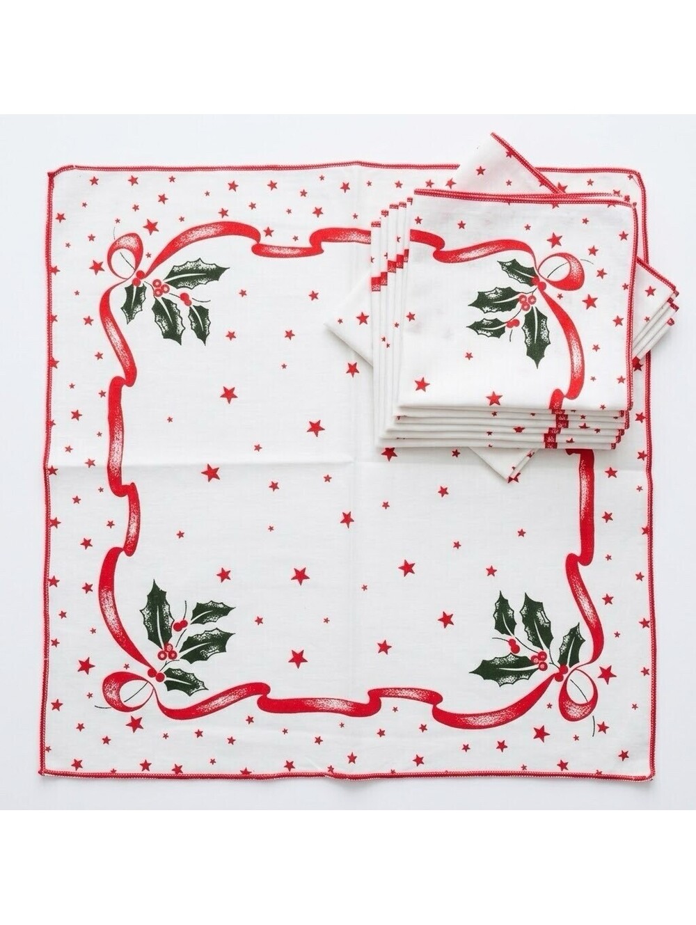 Vintage Christmas Cloth Napkins Set 10 Holly Ribbon Stars Holiday Tableware 15"